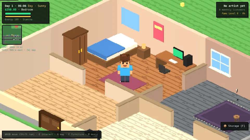 Your bedroom on day one: the bed, the wardrobe and the computer desk.